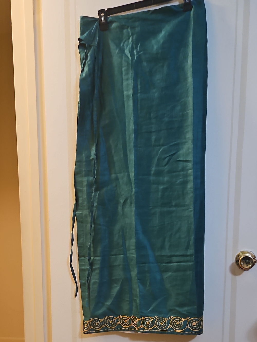 Ghanaian Emerald Green Wrap Skirt with Decorative Embroidered Yellow Hem, OS